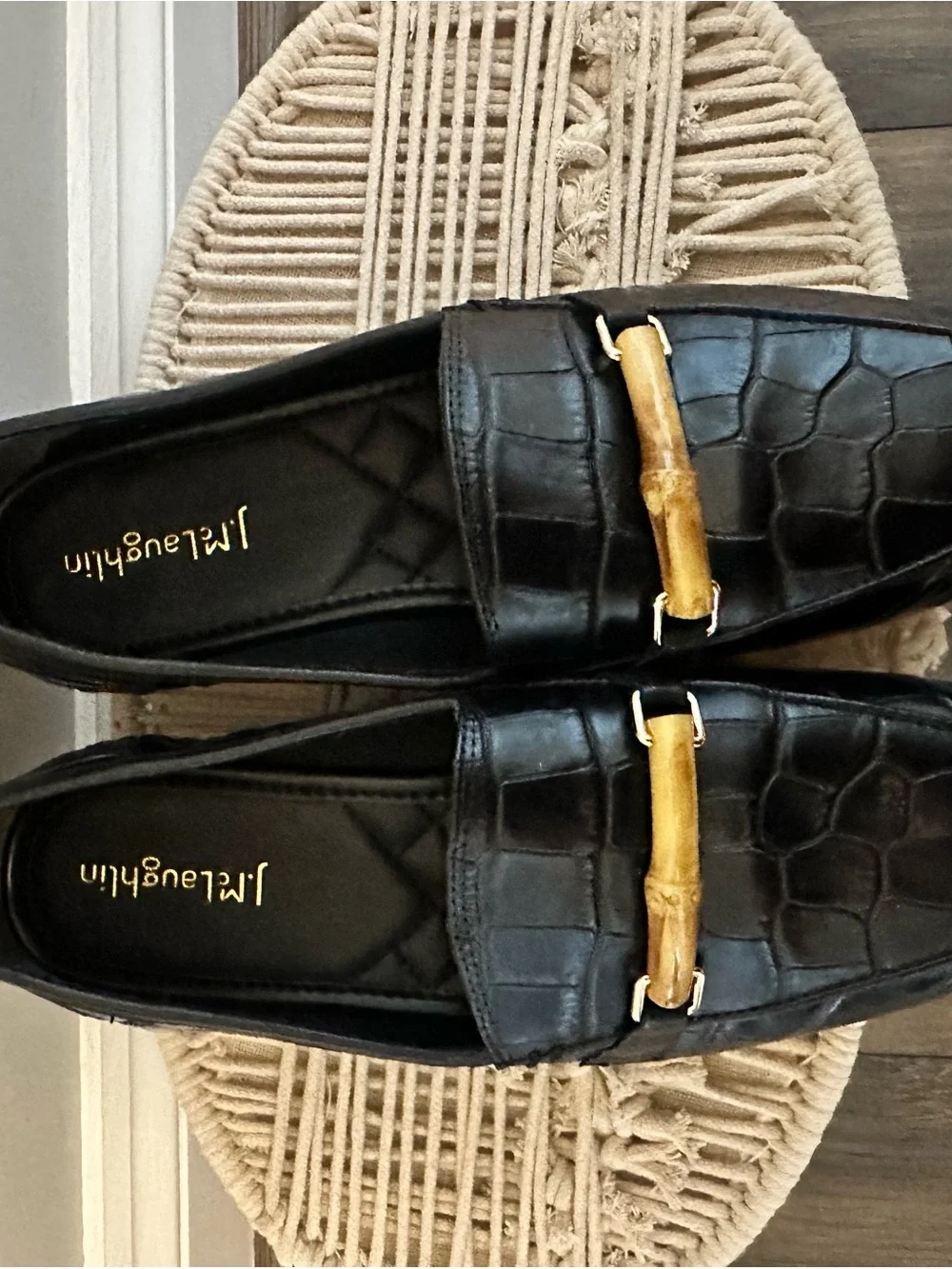 J. McLaughlin Black Croc-Embossed Leather Loafers with Gold-Tone Bar